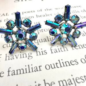 Vintage Aurora Borealis Starburst Earrings atomic Blue AB Rhinestone Studs 1950s